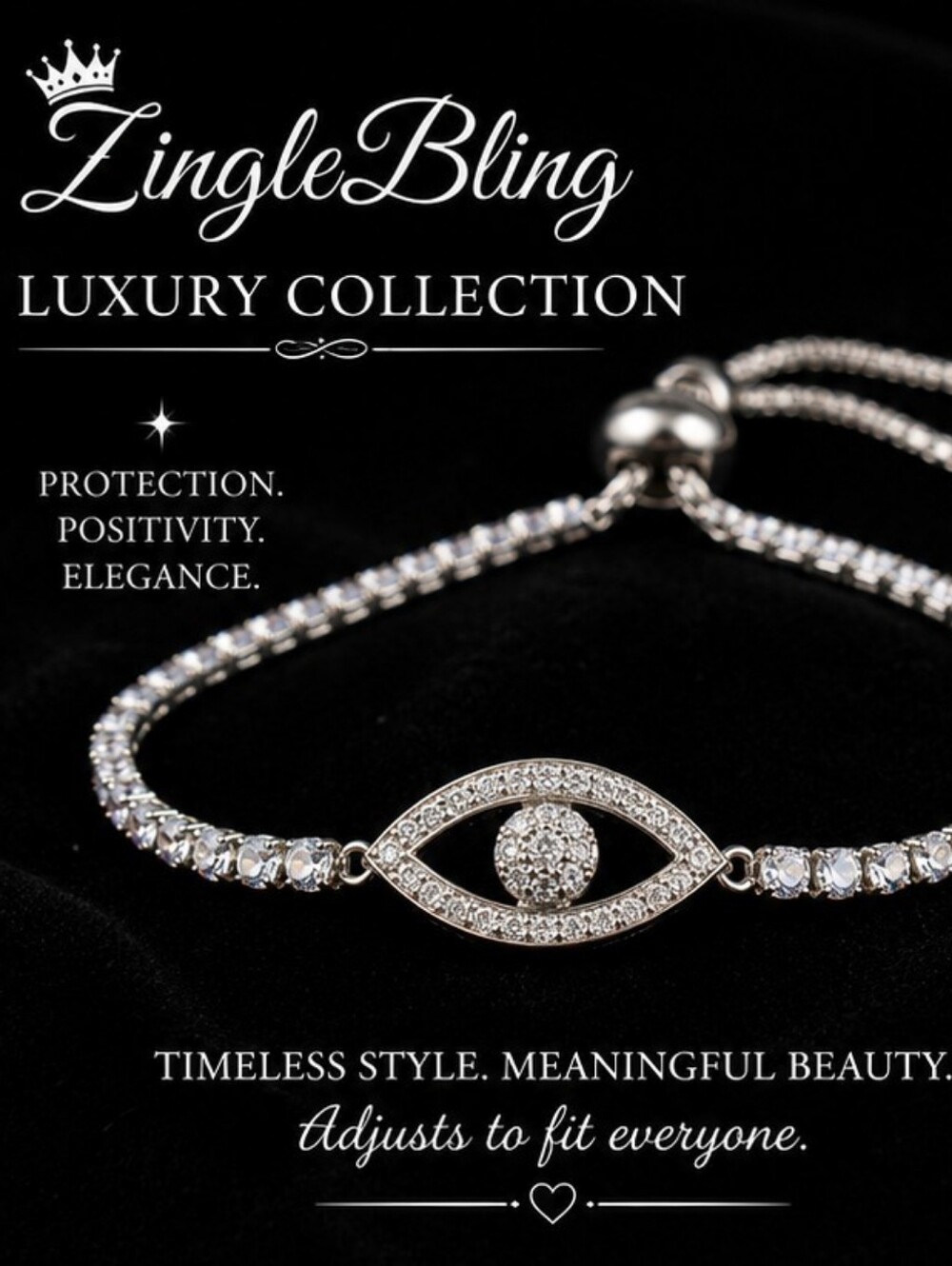 Evil Eye CZ Tennis Bracelet Rhodium Plated Stainless Steel Bolo Slider New